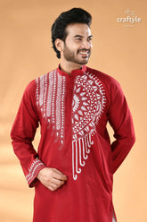 Deep caramine white thread kantha stitch cotton panjabi for men men’s maroon long sleeve kurta white 2