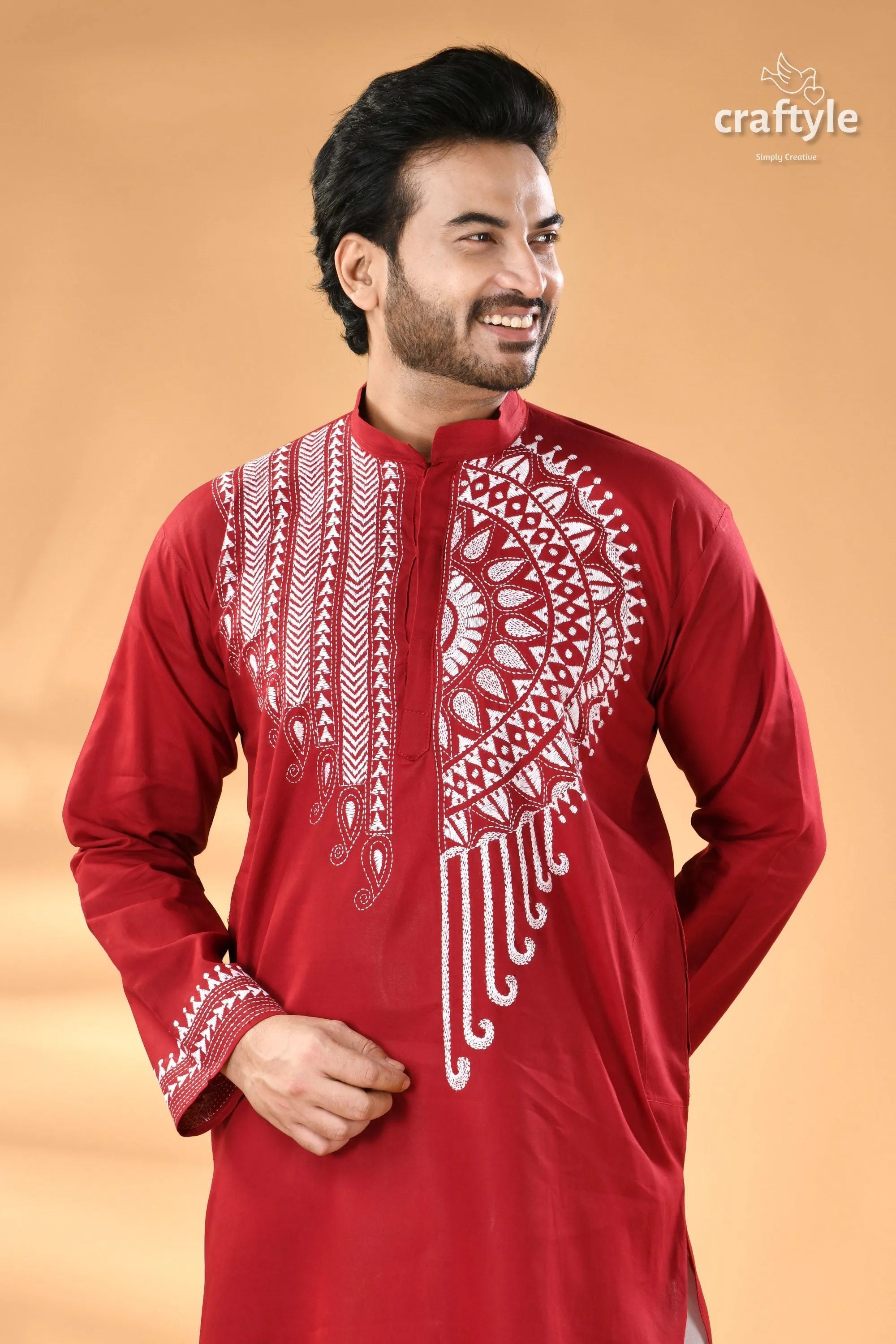 Deep caramine white thread kantha stitch cotton panjabi for men men’s maroon long-sleeve kurta 2