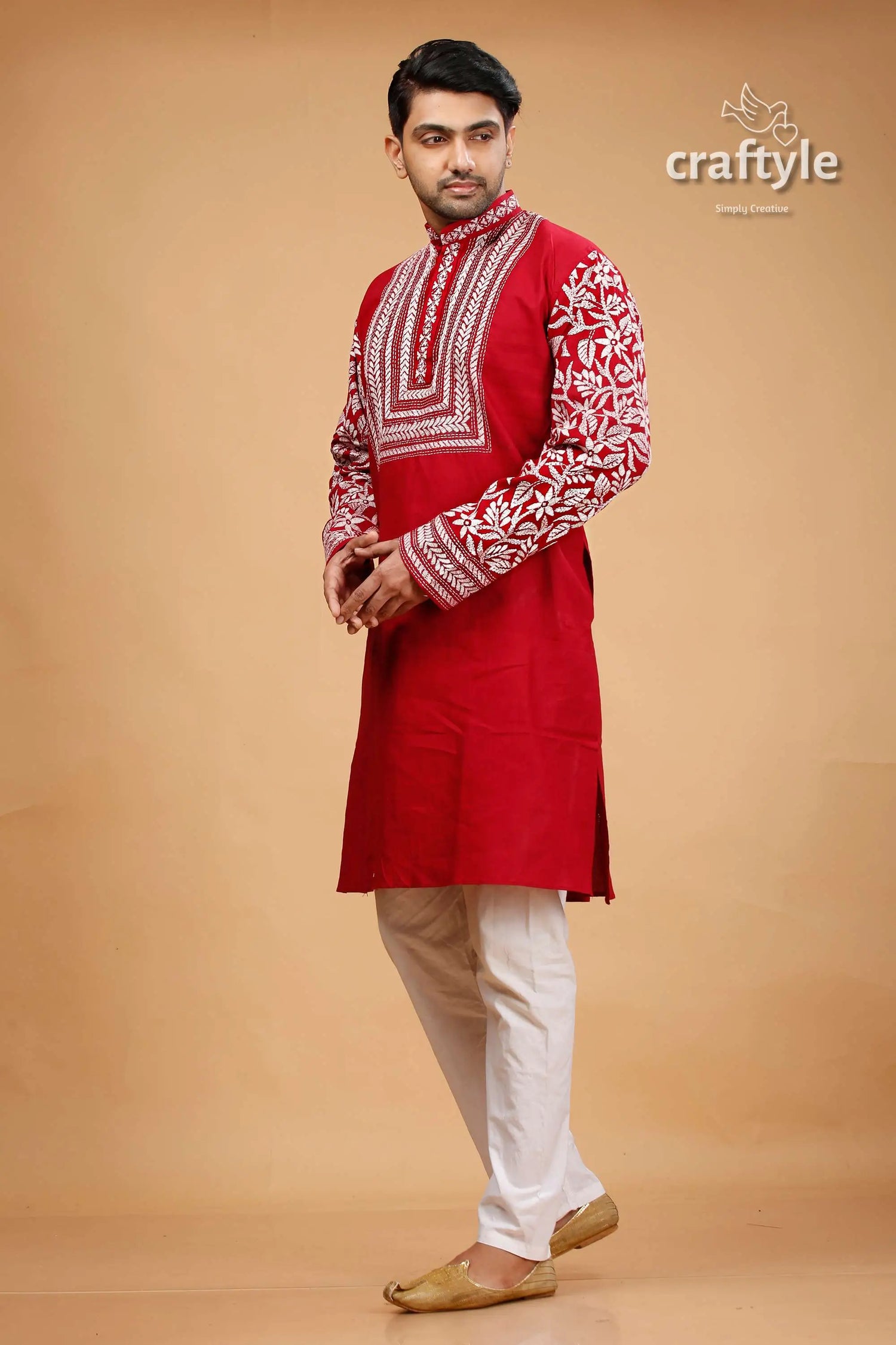 Deep carmine white thread kantha cotton kurta for men red kurta white embroidery 3