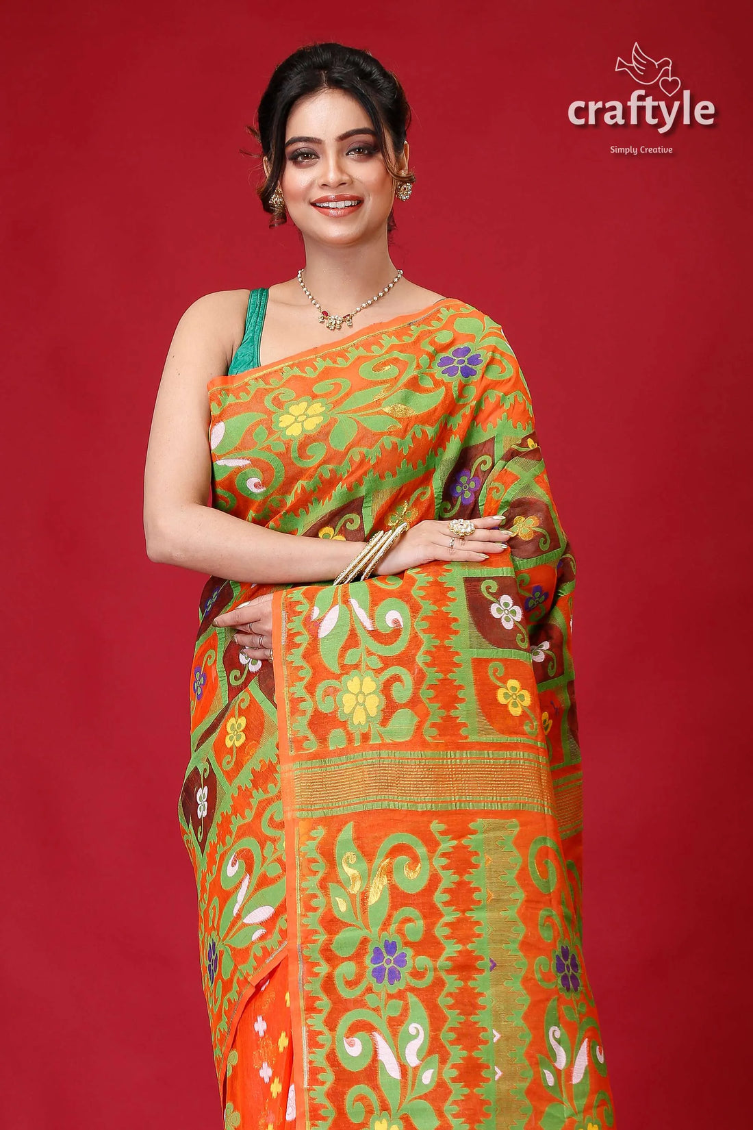 Deep carrot orange premium jamdani saree woman green floral 2
