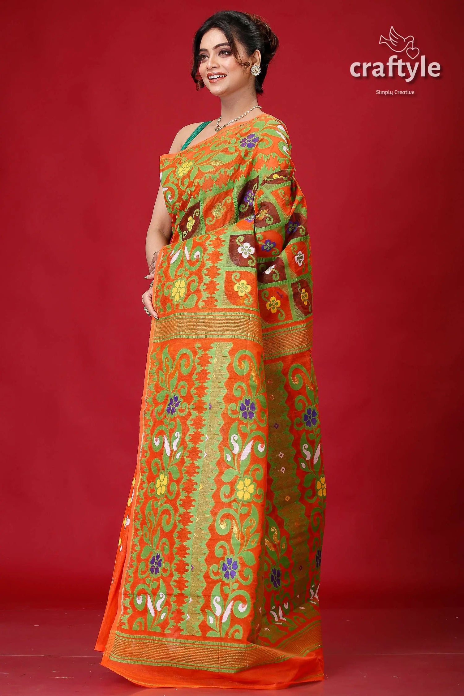 Deep carrot orange premium jamdani saree orange green floral saree 3