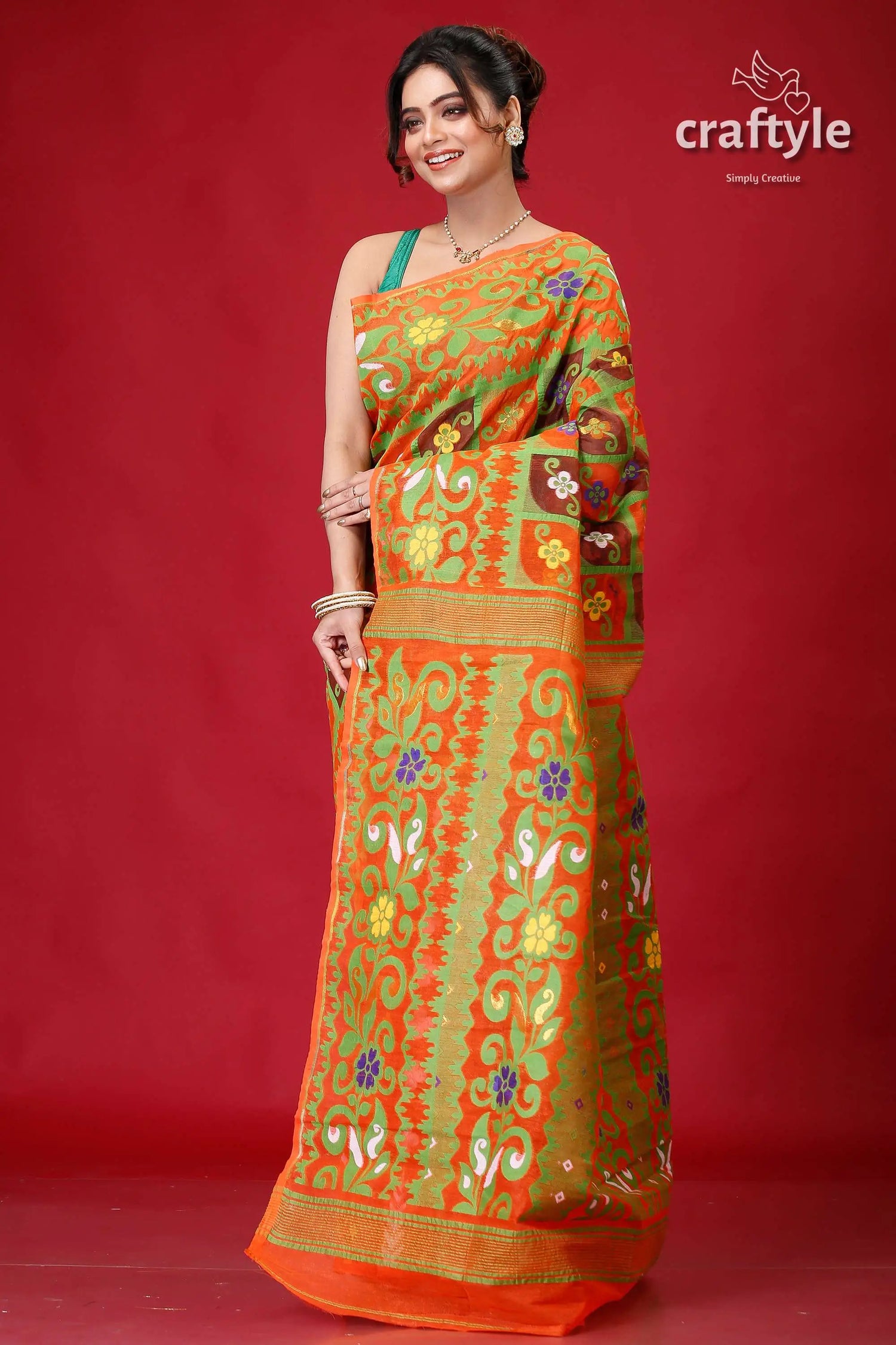 Deep carrot orange premium jamdani saree woman orange green floral saree 4