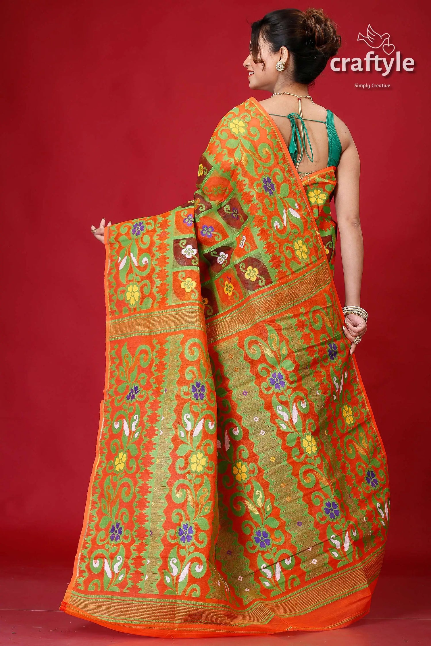 Deep carrot orange premium jamdani saree orange green floral patterned saree 5