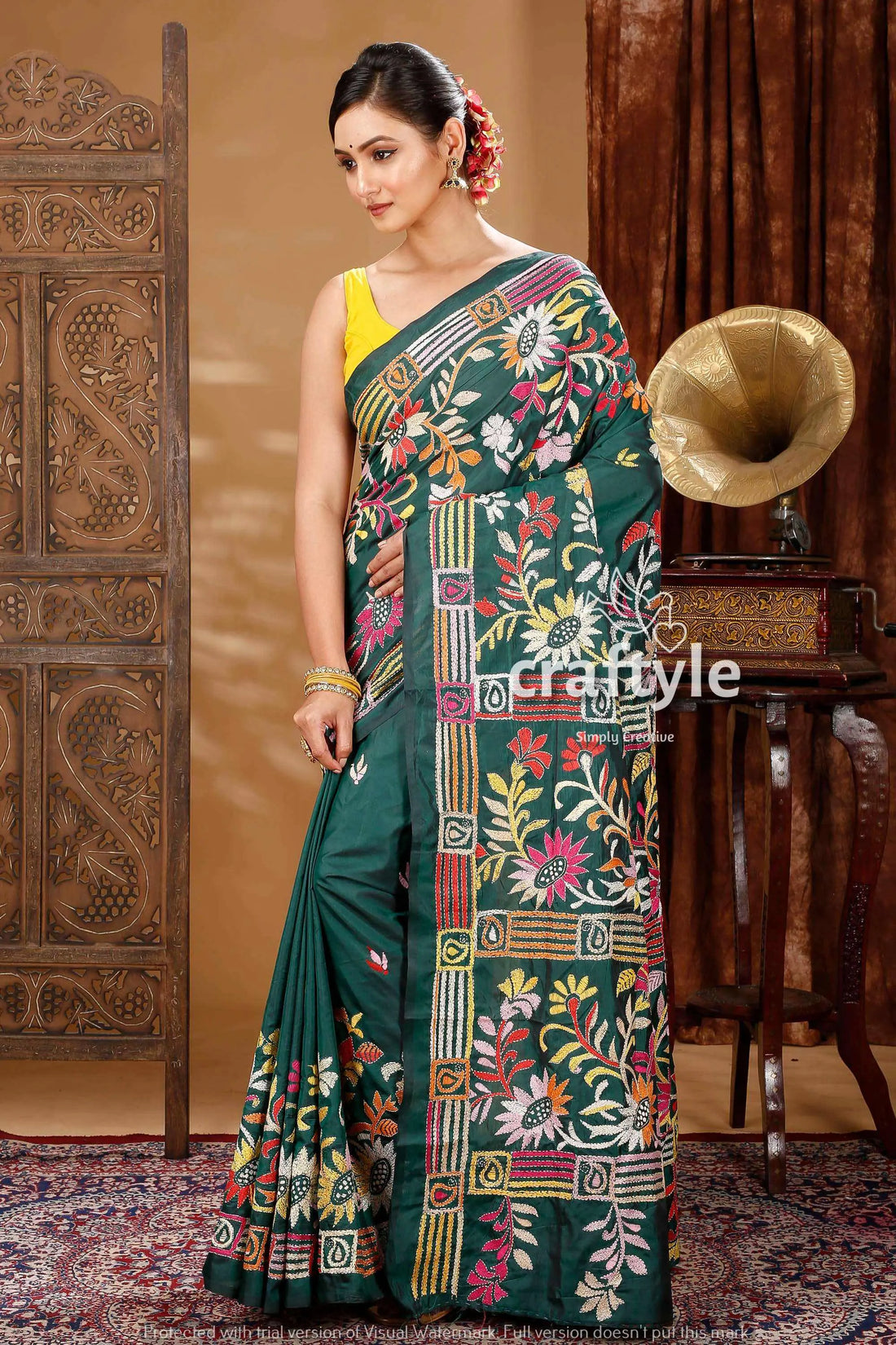 Deep green artisanal silk kantha saree green embroidered saree 2