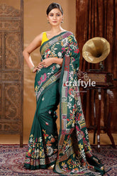 Deep green artisanal silk kantha saree green floral embroidered saree 3