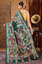 Deep green artisanal silk kantha saree floral embroidered green saree 4