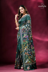 Deep green colorful bird design silk kantha stitch saree woman green floral embroidered saree 3