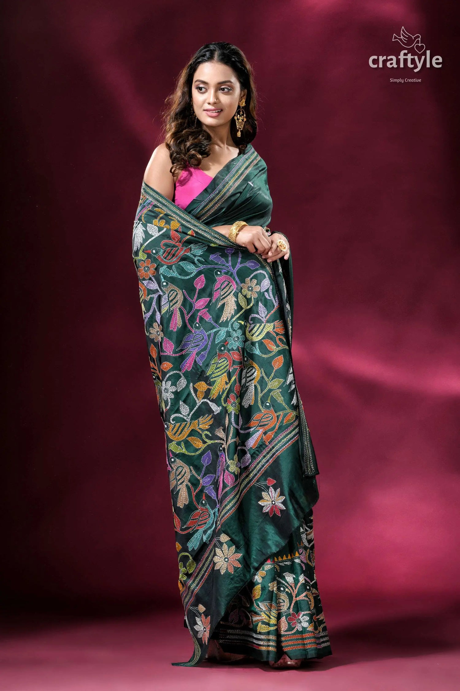 Deep green colorful bird design silk kantha stitch saree woman dark green saree colorful 6