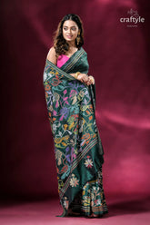 Deep green colorful bird design silk kantha stitch saree woman dark green saree colorful 6