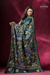 Deep green colorful bird design silk kantha stitch saree elegant green floral saree 4