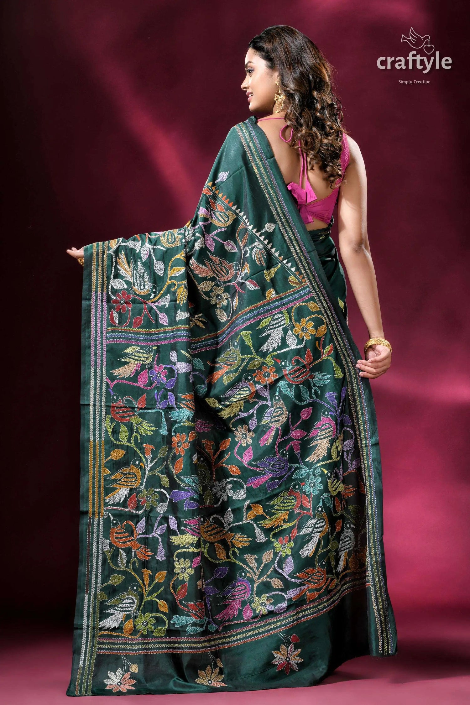 Deep green colorful bird design silk kantha stitch saree embroidered green saree 5