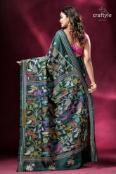 Deep green colorful bird design silk kantha stitch saree embroidered green saree 5