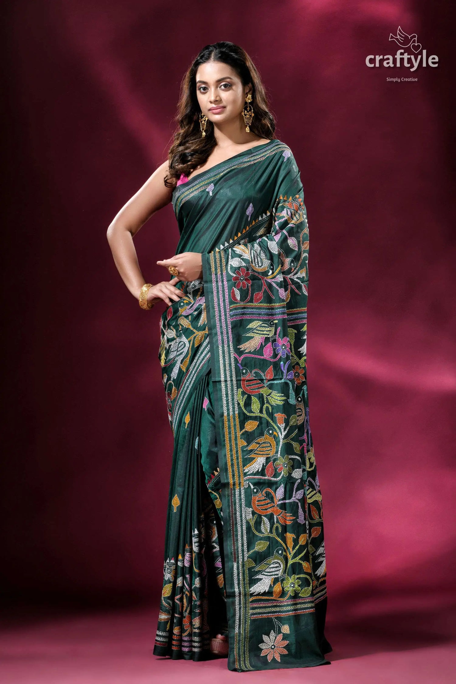 Deep green colorful bird design silk kantha stitch saree green embroidered saree 1
