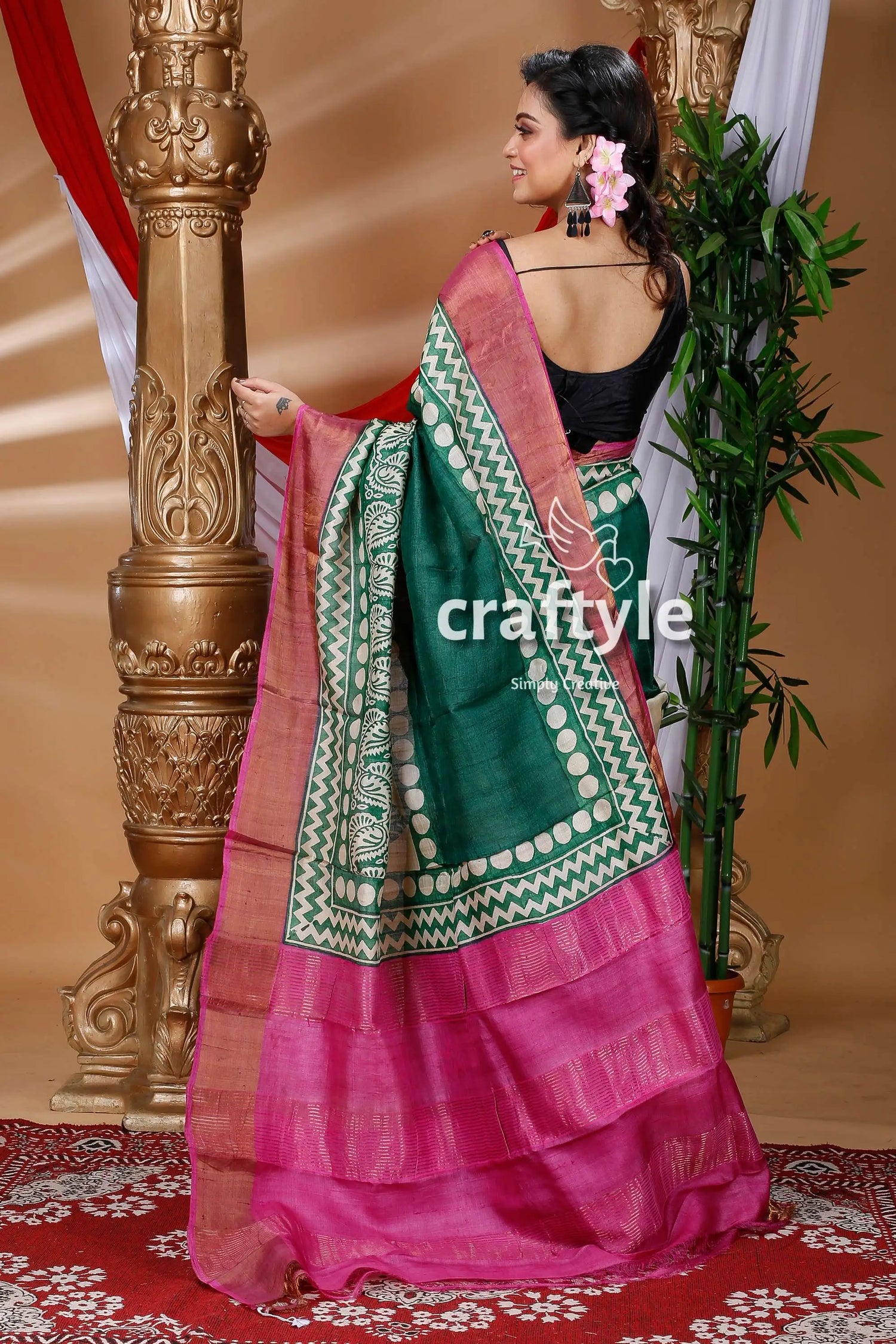 Deep green hand block print zari pure tussar silk saree with blouse piece woman green pink saree 4