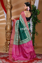 Deep green hand block print zari pure tussar silk saree with blouse piece woman green pink saree 4