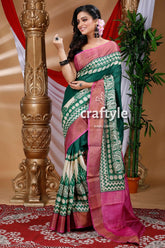 Deep green hand block print zari pure tussar silk saree with blouse piece green pink patterned saree 1