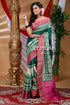 Deep green hand block print zari pure tussar silk saree with blouse piece green pink patterned saree 1