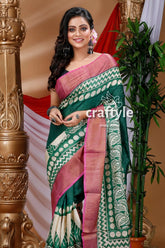 Deep green hand block print zari pure tussar silk saree with blouse piece woman green pink saree 2