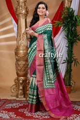 Deep green hand block print zari pure tussar silk saree with blouse piece green pink patterned saree 3