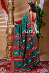 Deep green & maroon red handloom cotton saree green red patterned saree 4