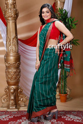Deep green & maroon red handloom cotton saree woman green striped saree 3