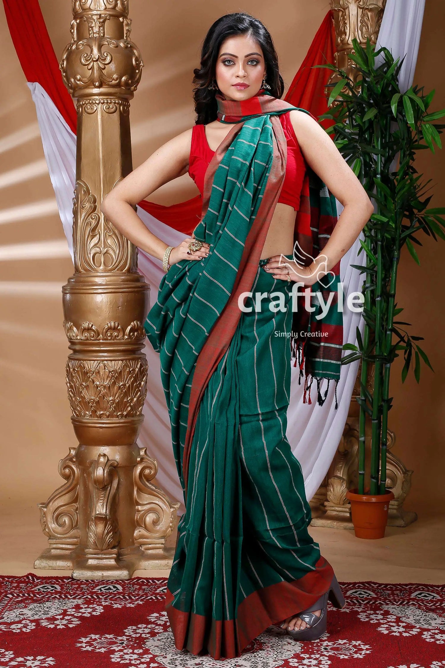 Deep green & maroon red handloom cotton saree woman green red saree 1