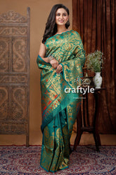 Deep green soft silk swarnachari saree golden zari meena work woman green gold saree 5