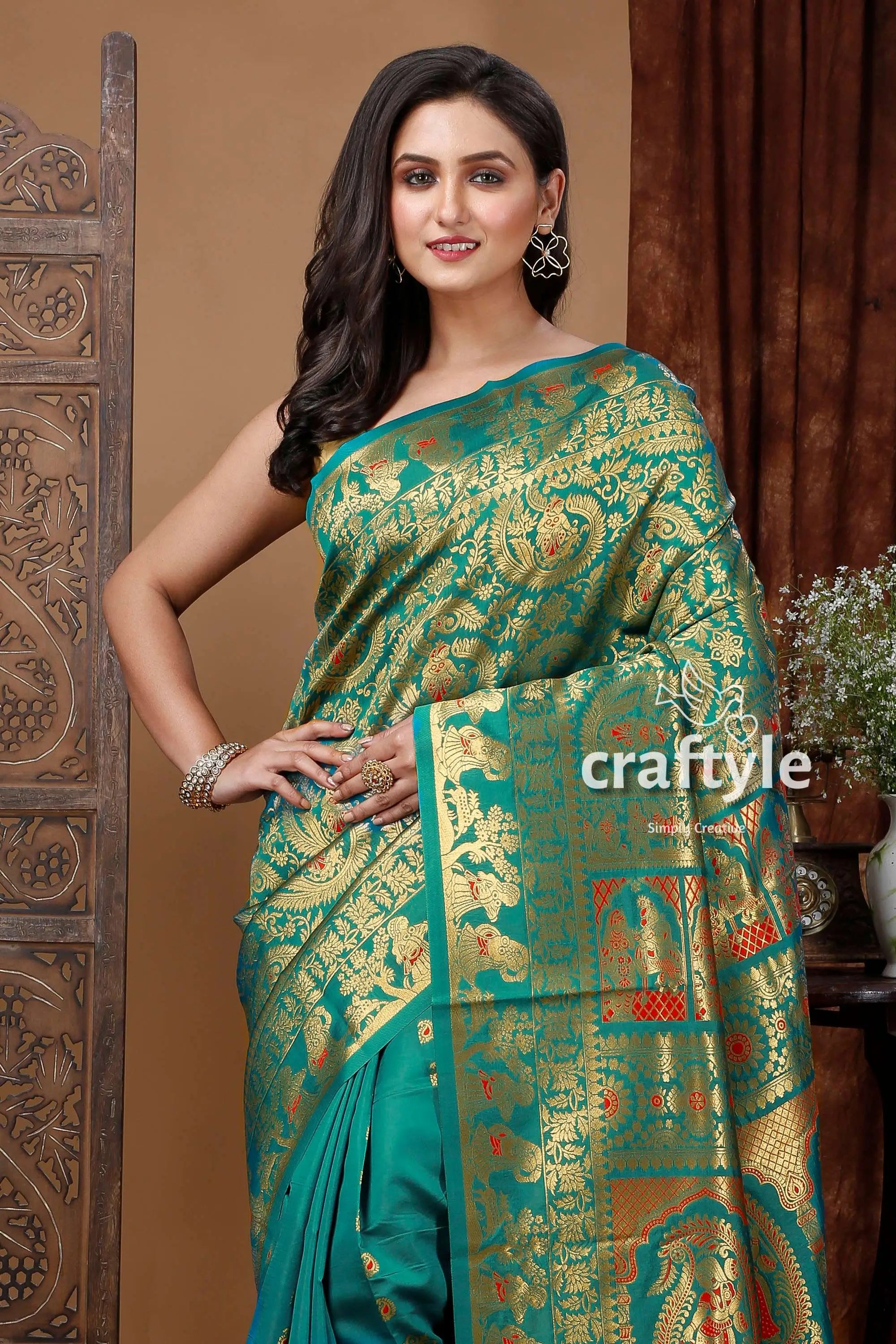 Deep green soft silk swarnachari saree golden zari meena work teal gold patterned saree 2