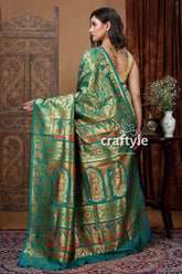 Deep green soft silk swarnachari saree golden zari meena work teal gold patterned saree 4