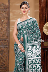 Deep Green & White Thread Work Kantha Stitch Silk Sari-Craftyle
