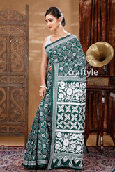 Deep Green & White Thread Work Kantha Stitch Silk Sari-Craftyle
