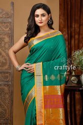 Deep green zari border bomkai soft silk saree green gold saree 2