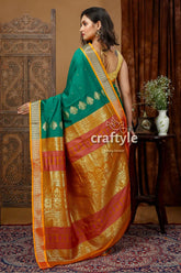 Deep green zari border bomkai soft silk saree green orange silk saree 4