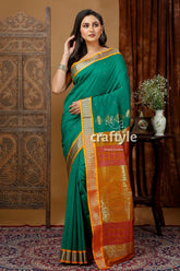 Deep green zari border bomkai soft silk saree woman green gold saree 1