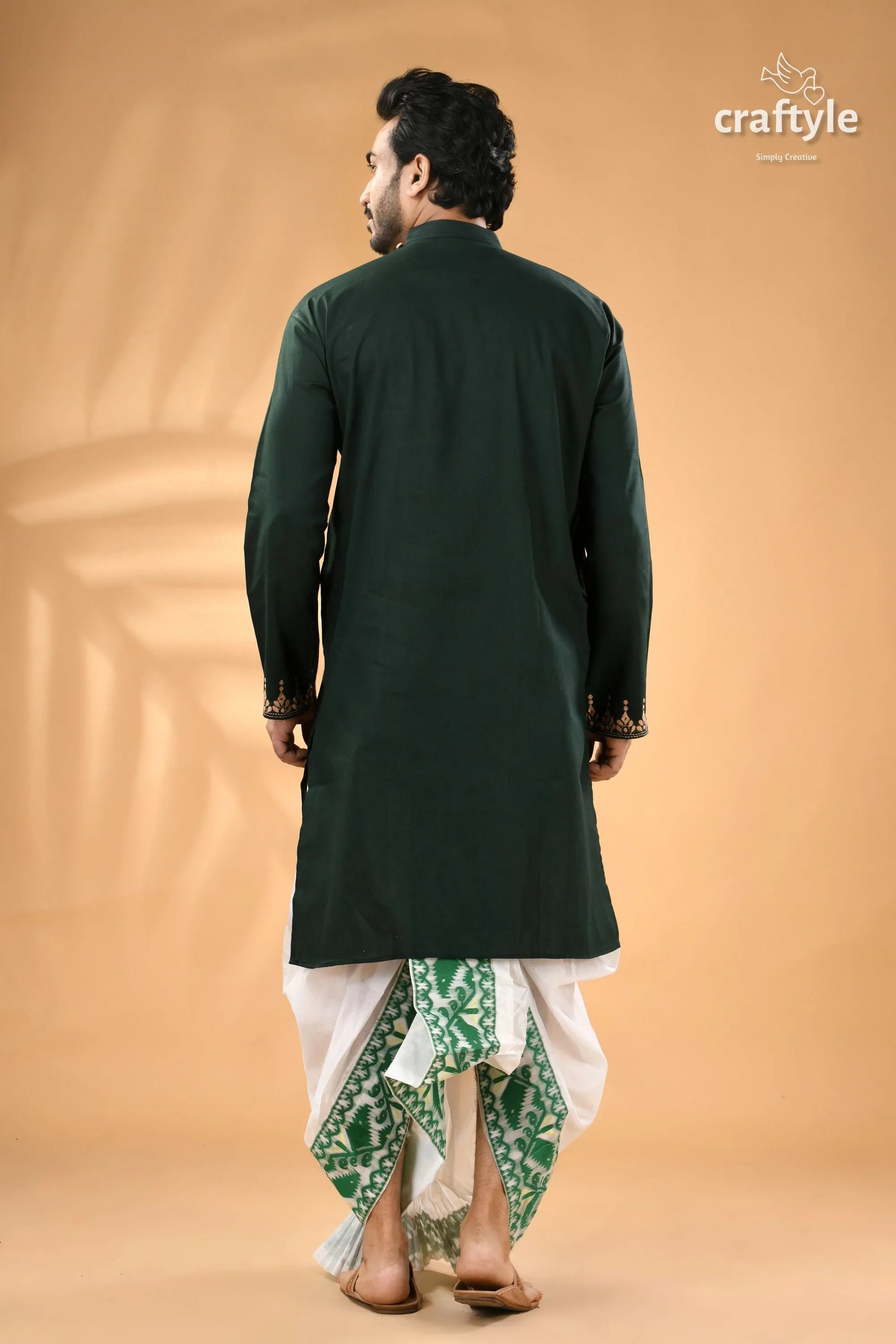 Deep jungle green kantha work cotton punjabi for men men’s dark kurta white 6