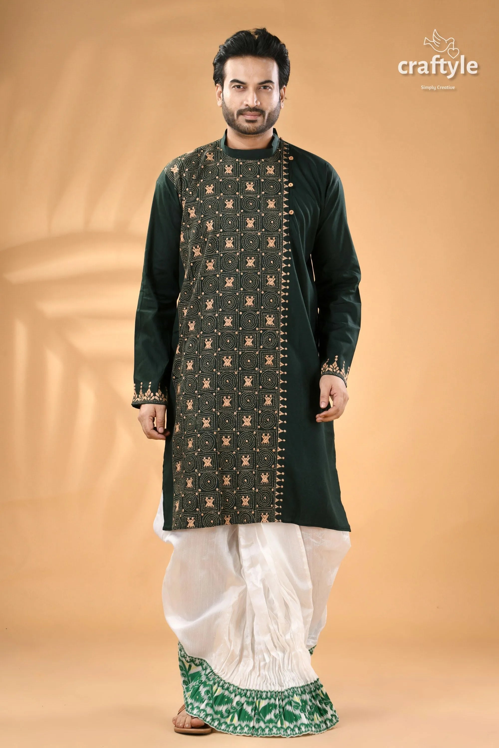 Deep jungle green kantha work cotton punjabi for men men’s dark kurta embroidered 1