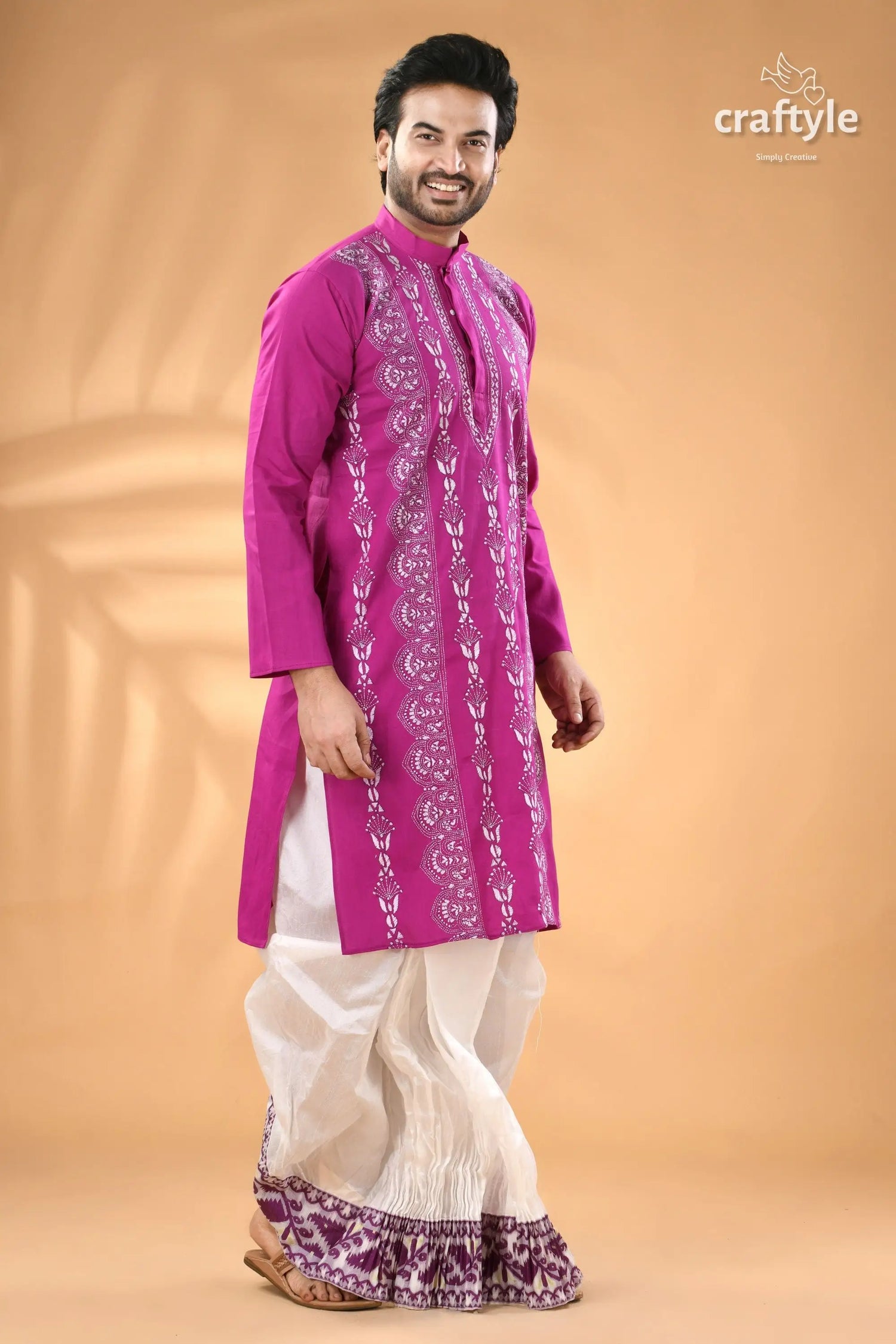Deep magenta kantha stitch designer cotton panjabi for men men’s magenta embroidered kurta white 4