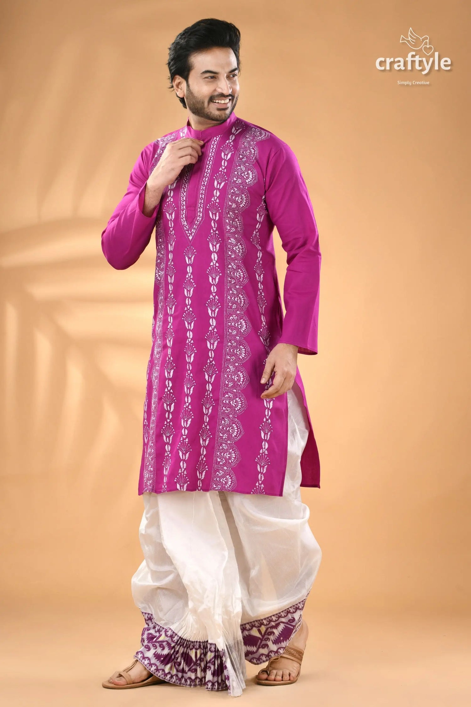 Deep magenta kantha stitch designer cotton panjabi for men men’s magenta embroidered kurta white 5
