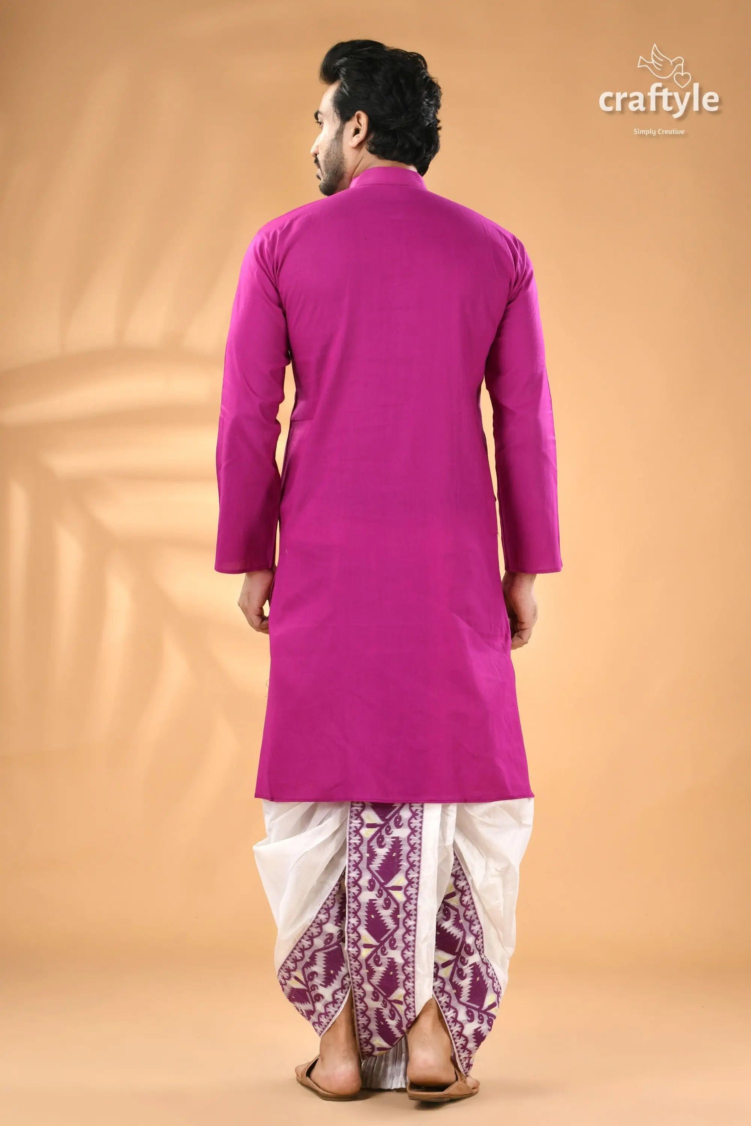 Deep magenta kantha stitch designer cotton panjabi for men men’s magenta kurta white dhoti 6