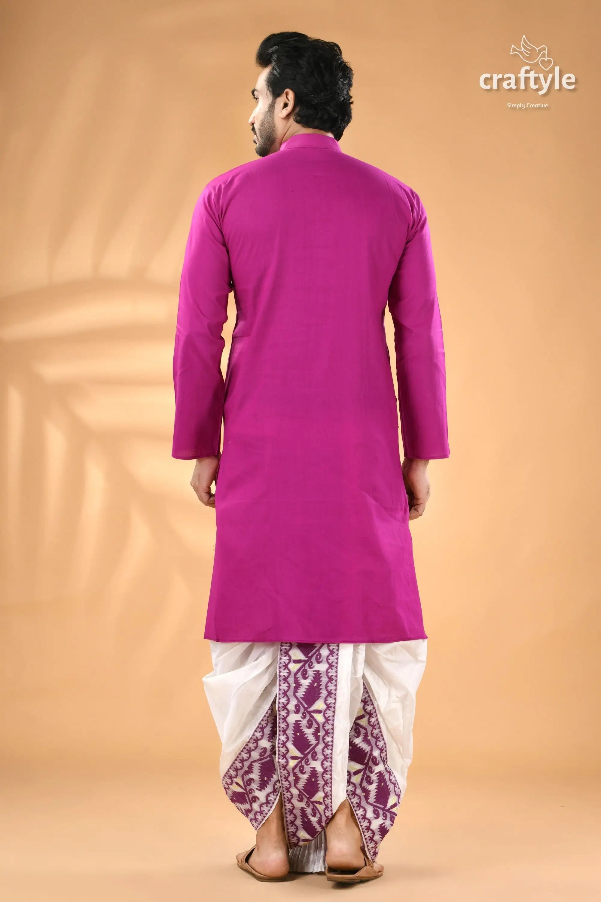 Deep magenta kantha stitch designer cotton panjabi for men men’s magenta kurta white dhoti 6