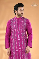 Deep magenta kantha stitch designer cotton panjabi for men men’s magenta embroidered long sleeve kurta 2