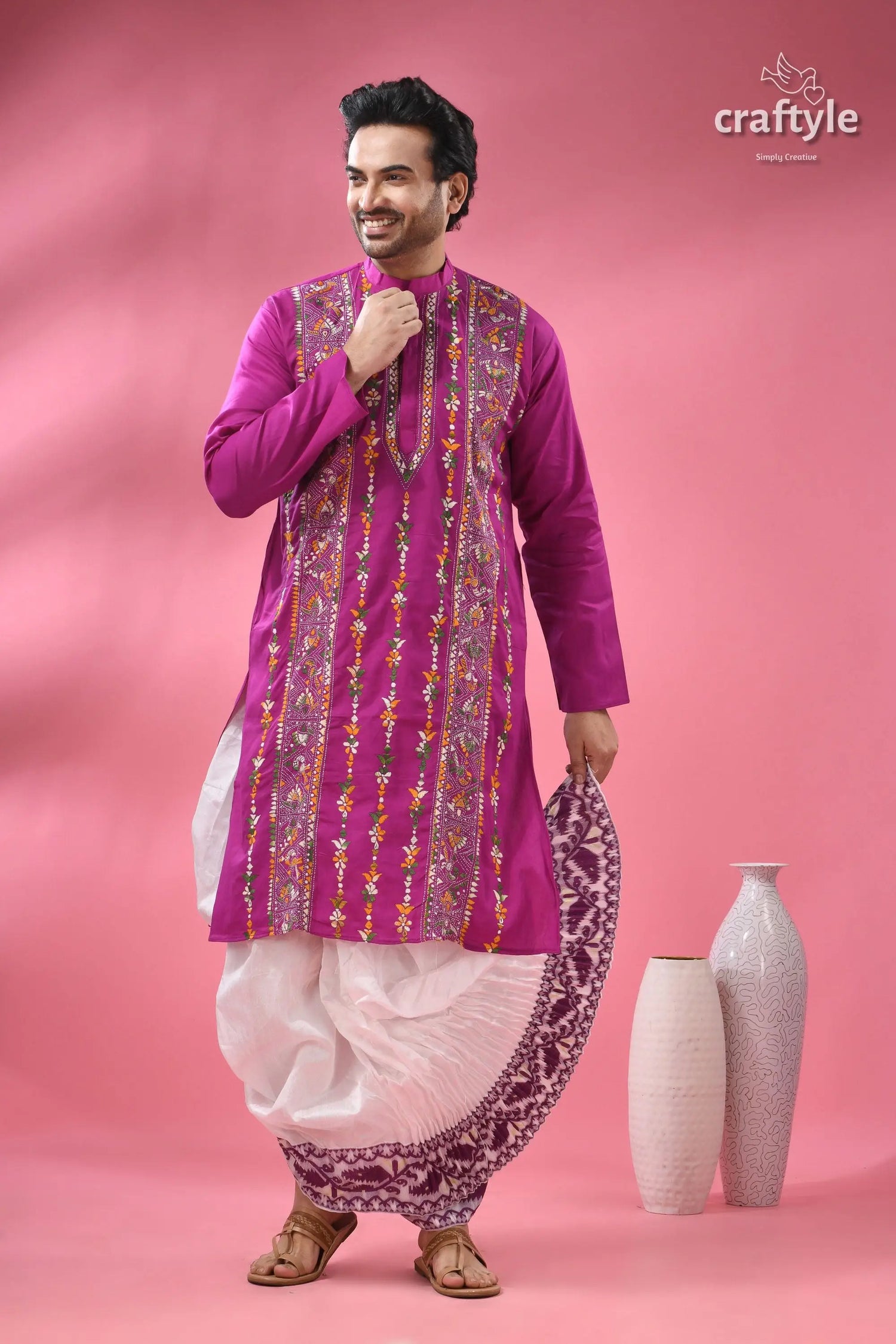 Deep majenta multithread kantha stitch cotton kurta for men men’s magenta kurta colorful embroidery 3