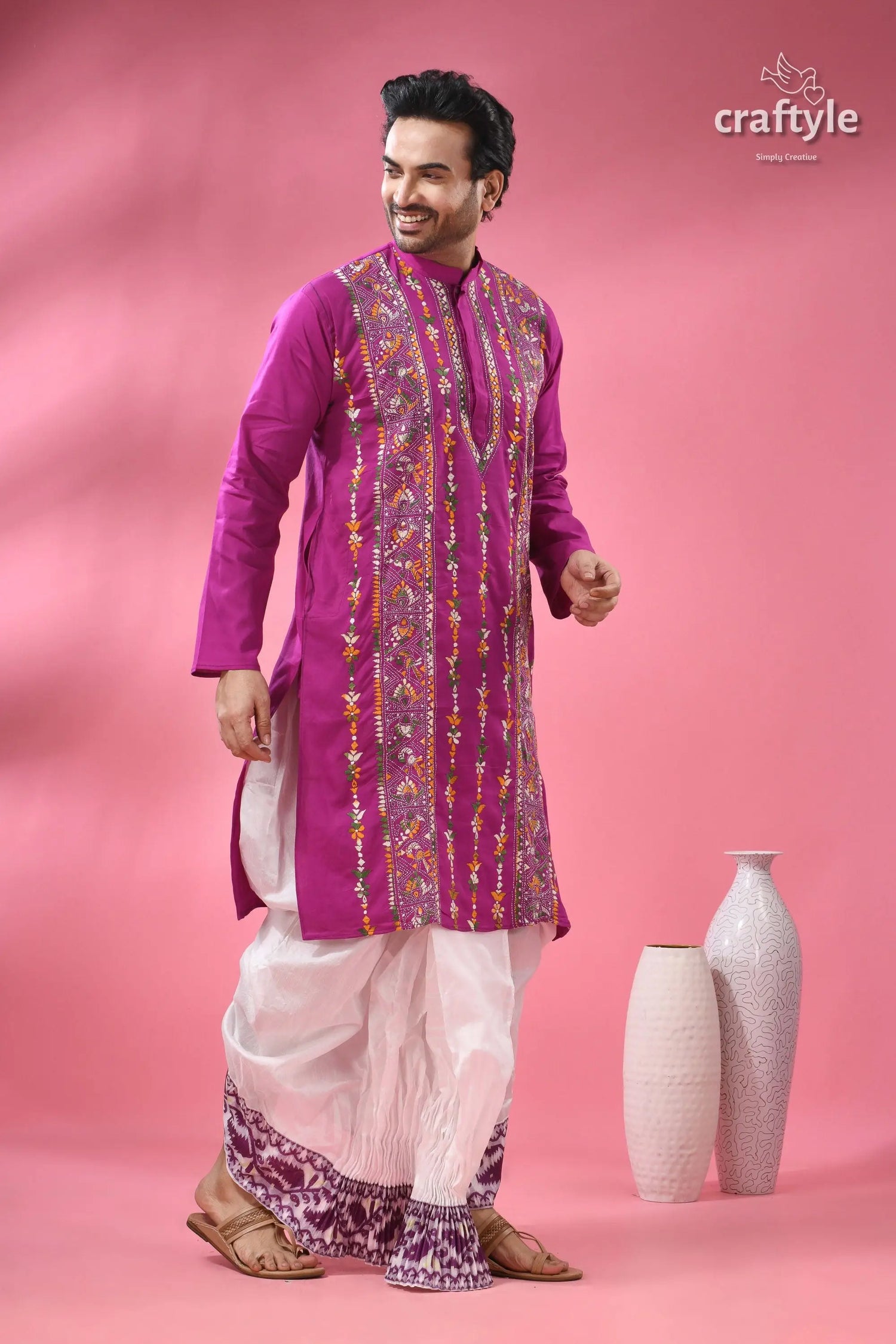 Deep majenta multithread kantha stitch cotton kurta for men men’s magenta embroidered kurta white 4