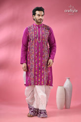 Deep majenta multithread kantha stitch cotton kurta for men men’s magenta embroidered kurta white 1
