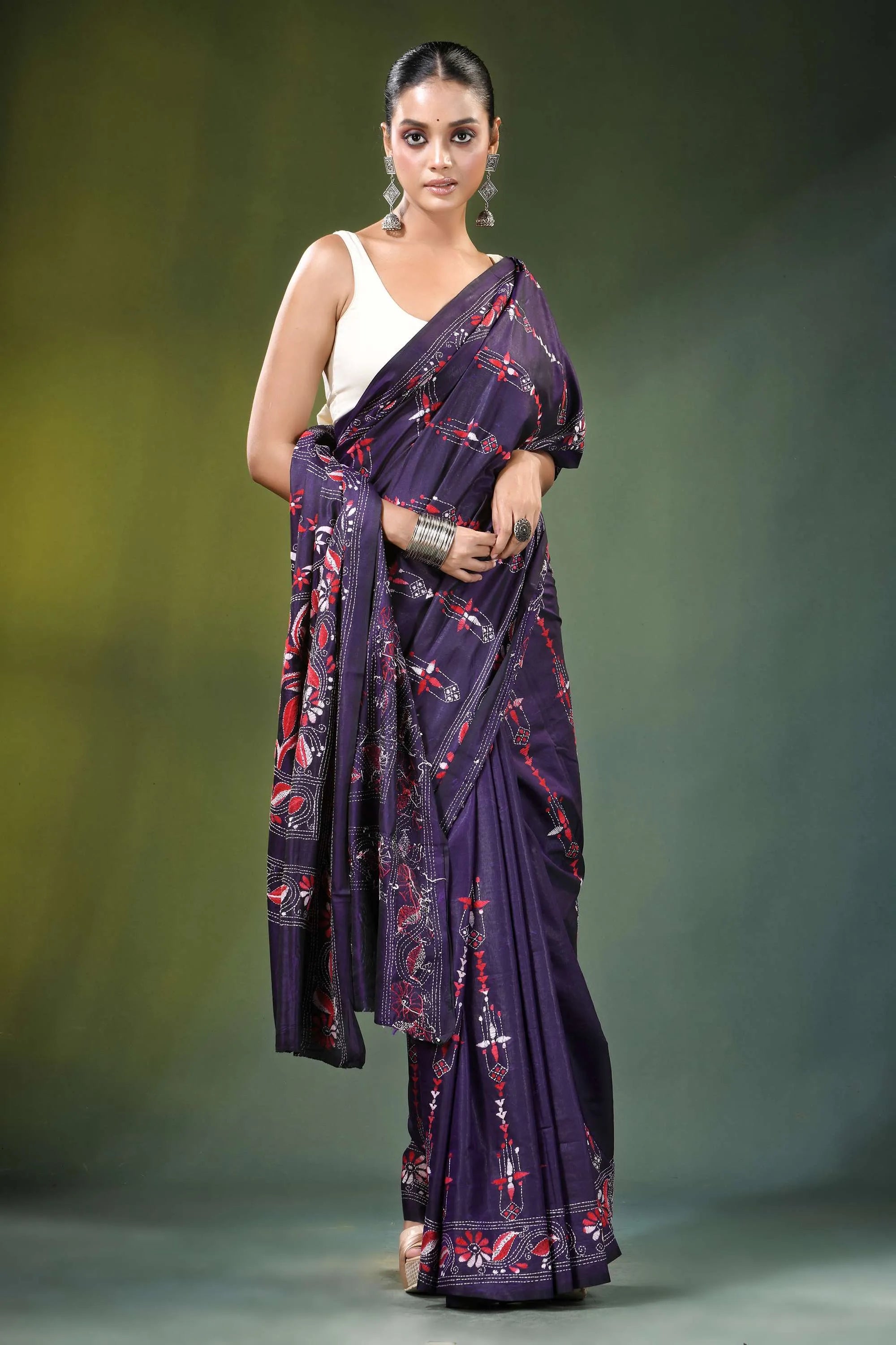 Deep purple floral vine handcrafted silk kantha stitch saree intricate red 5
