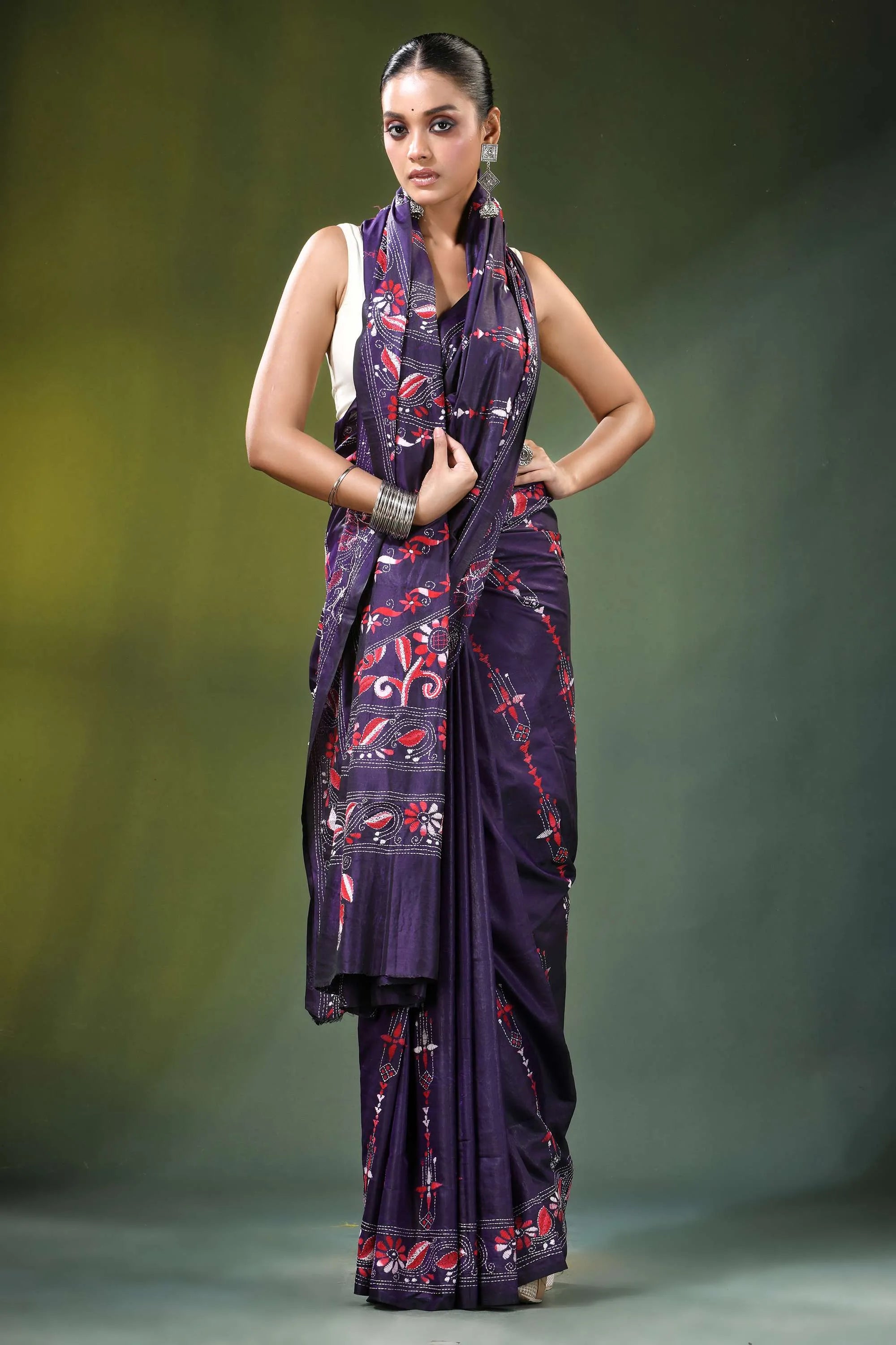 Deep purple floral vine handcrafted silk kantha stitch saree woman wears 7