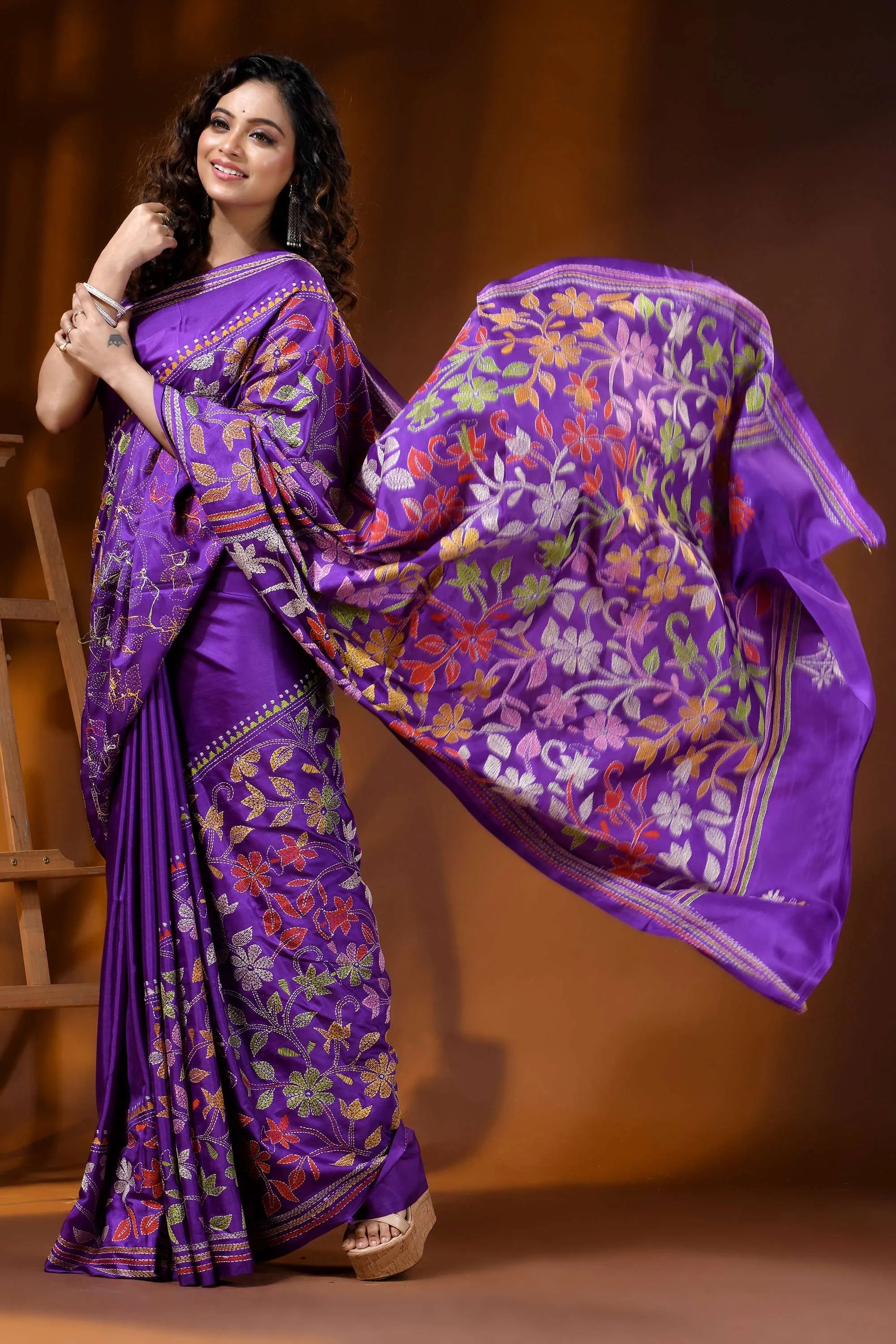 Deep purple multi-thread floral motif hand embroidered silk kantha saree 4