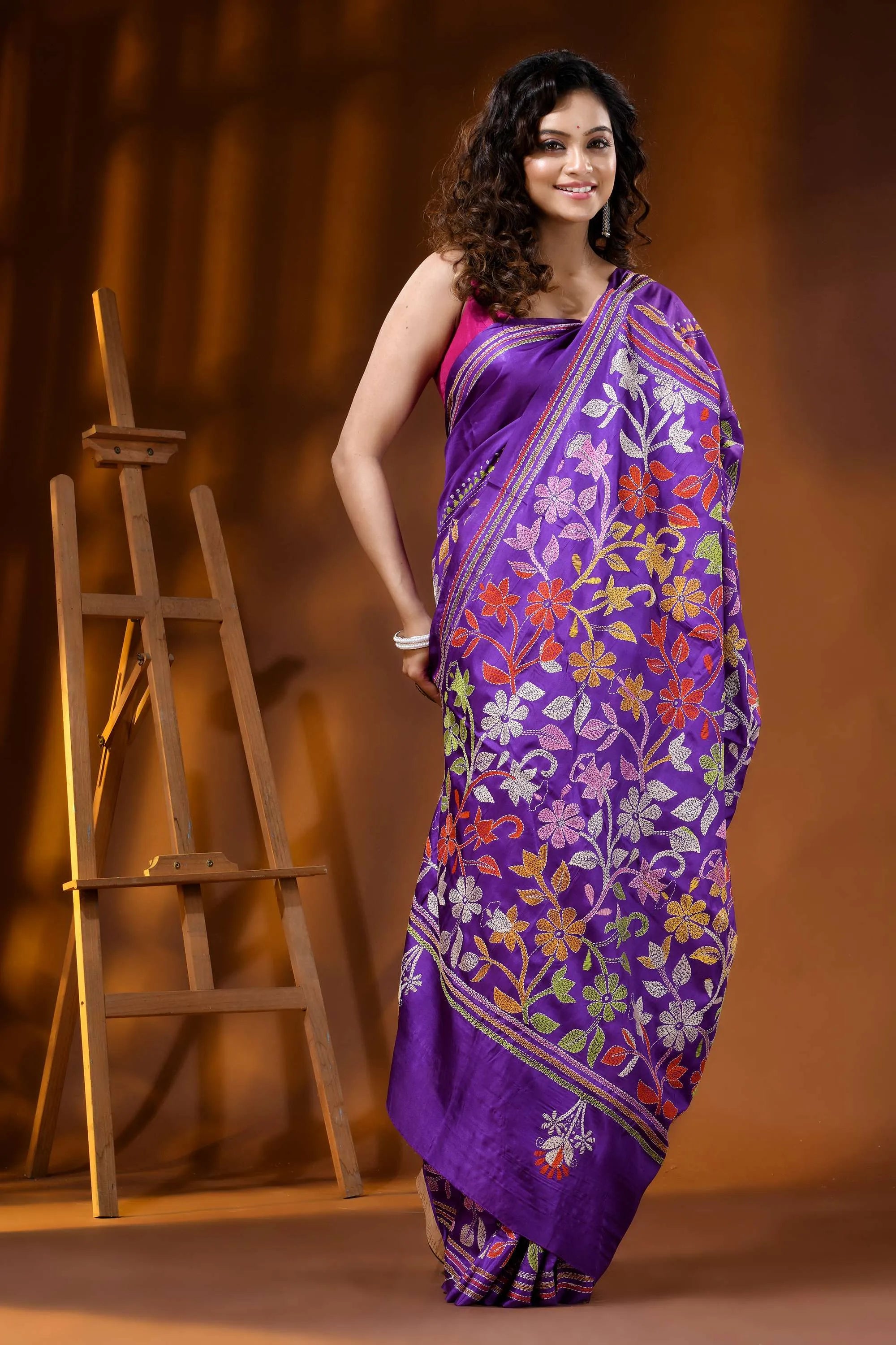 Deep purple multi-thread floral motif hand embroidered silk kantha saree 6