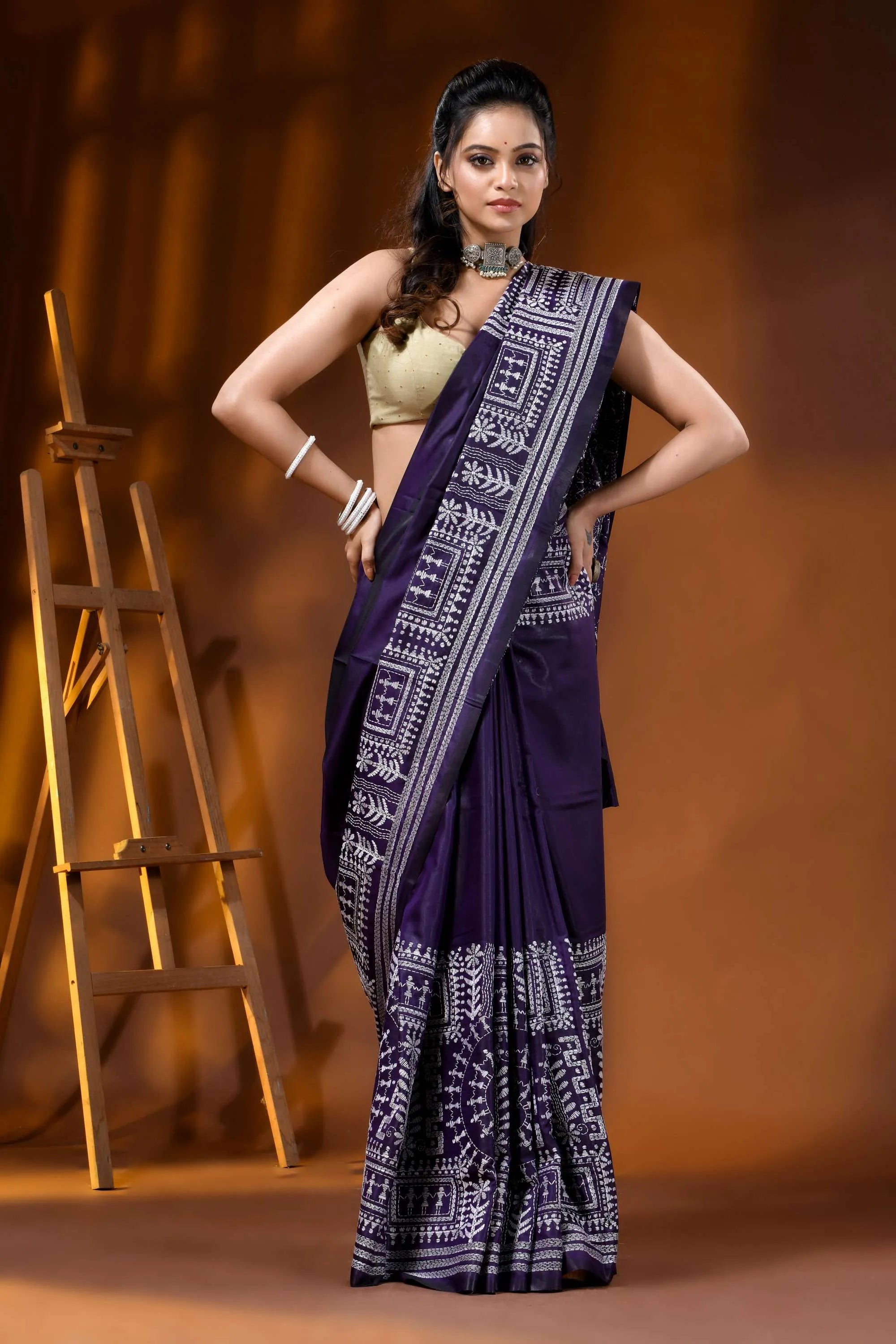 Deep purple silk kantha stitch saree hand embroidered ethnic wari design 5