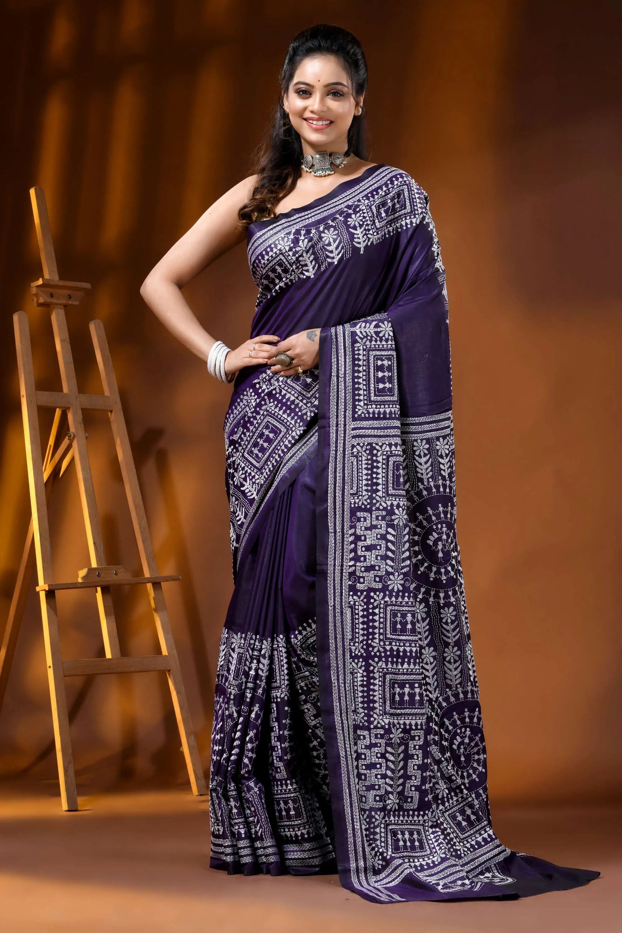 Deep purple silk kantha stitch saree hand embroidered ethnic wari design 1